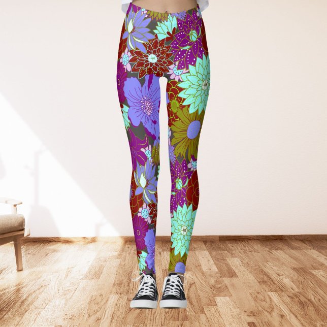 Fet stort blommönster på lila och grönt leggings (Skapare uppladdad)