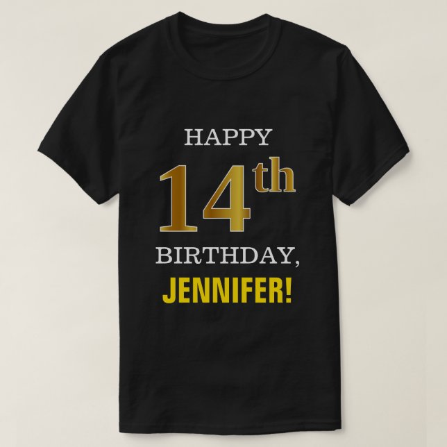 Fet, svart, faux Guld 14:e födelsedagen w/ Namn Sh T Shirt (Design framsida)