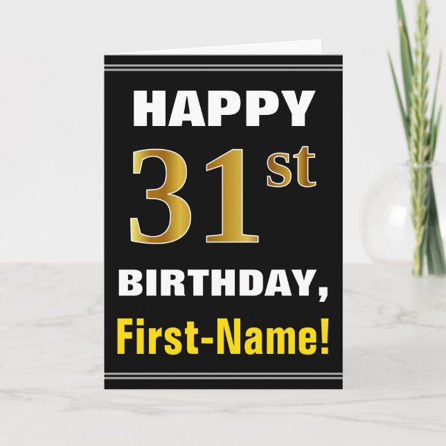 Fet, svart, Faux Guld 31a Birday w/ Namn Card Kort (Framsida)
