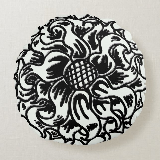 Fet svart och vit Blommigt Art 16 x 16 Rund Kudde (Framsidan)