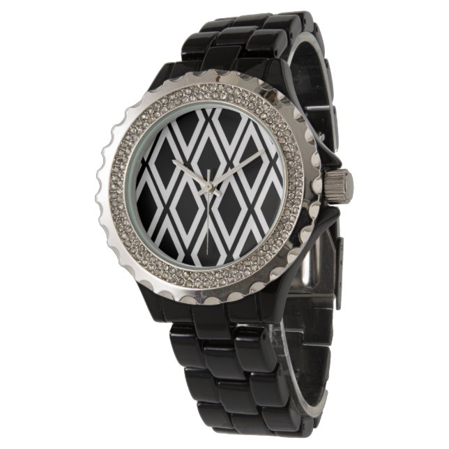 Fet svart och vit diamantmönster armbandsur (Vinklad)