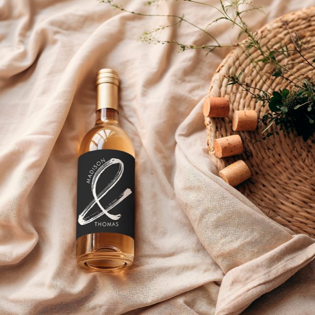 Fet svart och vit minimalistisk modern Bröllop Vinflaska Etikett (Skapare uppladdad)