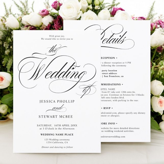 fet svart vit allt i en kalligrafi bröllop inbjudningar (bold black white all in one calligraphy wedding invitation)