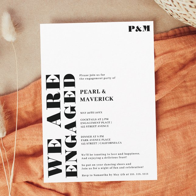 Fet, svart, vit bröllop-förlovningsfest inbjudningar (Bold simple black white wedding engagement party invitation)
