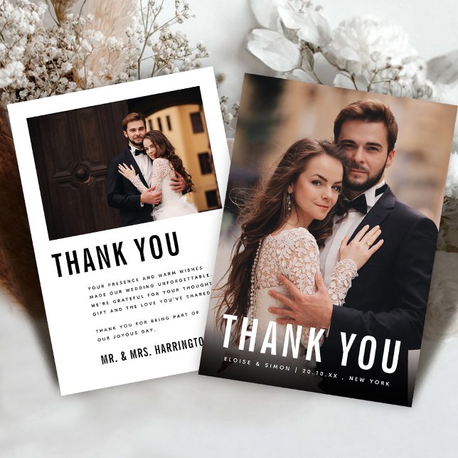 Fet svart, vit, modern, minimalistisk foto Bröllop Tack Kort (Bold Black and White Modern Minimalist classic Photo Wedding Thank You Card)
