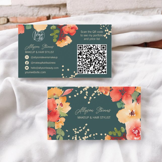 Fet teal blommigt guld makeup hair logotyp qcode visitkort (Bold fall floral gold makeup hair logo qr code business card on teal)