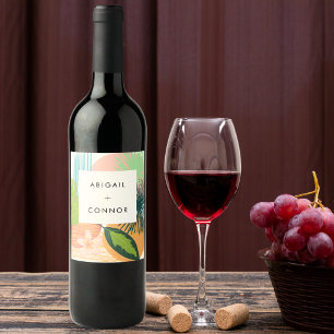 Fet tropisk Abstrakt Coral Teal Bröllop Vinflaska Etikett