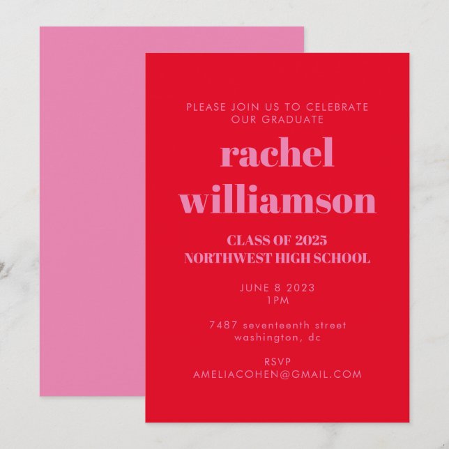 Fet typografi Bright Rosa Red-Studentfest Inbjudningar (Fram/baksida)