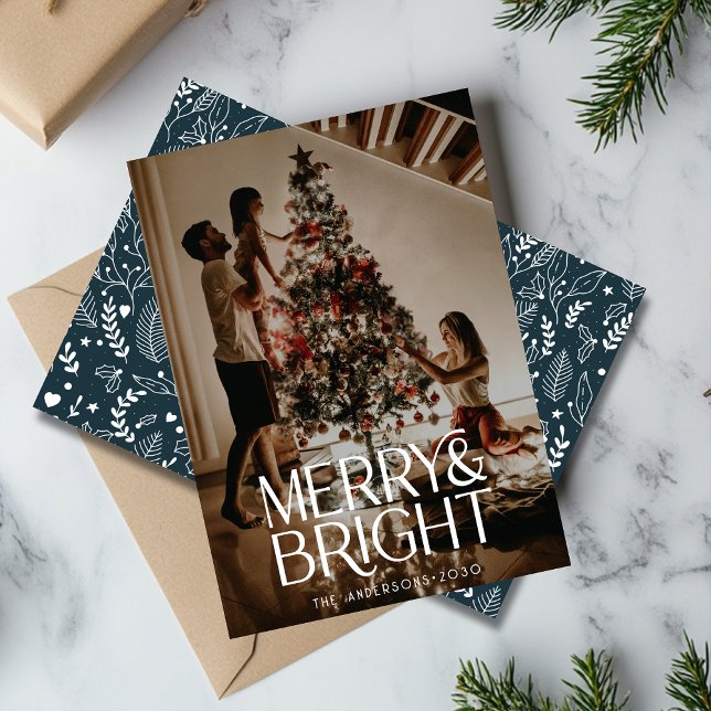 Fet typografi - merry och Bright Photo Botanical Julkort (Skapare uppladdad)