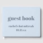 Fet typografi Mjuk blå Anpassad Söt Bat Mitzvah Gästböcker<br><div class="desc">Denna personliga gästboksdesign har en mjuk isblå bakgrund med ren, modern typografi för en enkel minnesgåva av evenemanget. Designad för Bat Mitzvah-firanden, fungerar den bra för gäster att skriva under och lämna meddelanden under hela evenemanget. Den svala dammiga blå färgen koordinerar lätt med modern festdekor och fotografier som visas tydligt...</div>