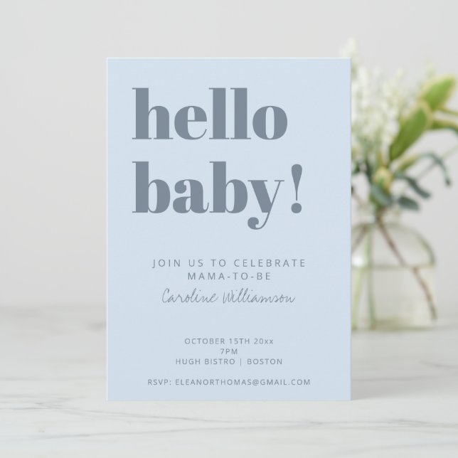 Fet typografi Mjuk Blå Modern Bebis Shower Inbjudningar (Stående Fram)