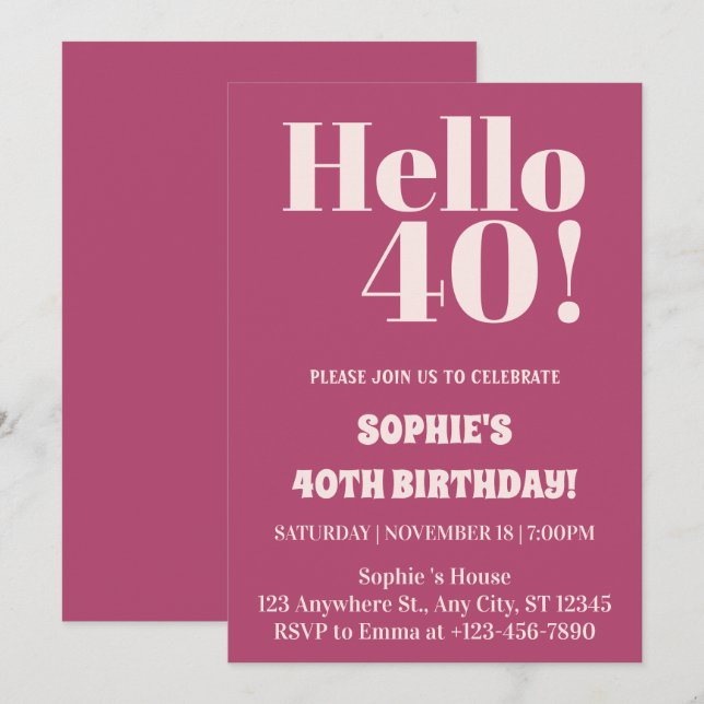 Fet typografi Rosa Modern 40:e födelsedag Party Inbjudningar (Fram/baksida)