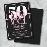 Fet typografi Rosa Modern 50-års födelsedag Inbjudningar<br><div class="desc">Vi introducerar en enkel och modern inbjudan till 50-årsfest, perfekt för att fira denna milstolpe med stil. Den snygga designen har en djärv svart bakgrund med en framträdande "50" högst upp. Nedan är "Femtio" elegant skrivet i script-calligrafi, vilket ger en touch av sofistikation. Texten genom hela inbjudan kombinerar en blandning...</div>