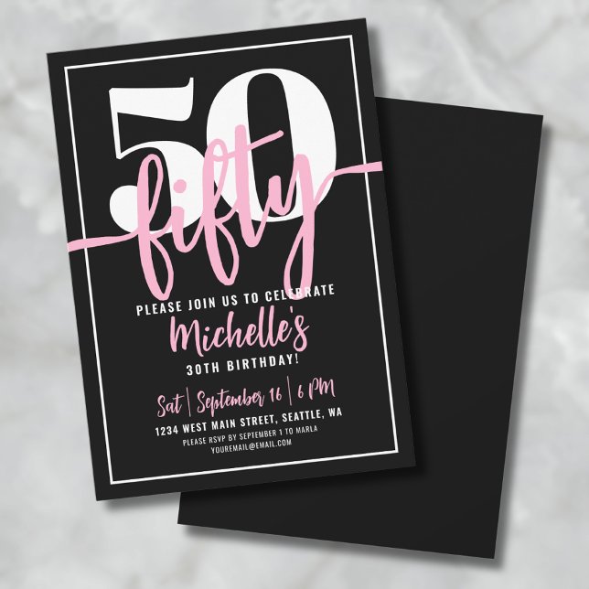 Fet typografi Rosa Modern 50-års födelsedag Inbjudningar (Fifty Modern Black 50th Birthday Party Invitation)