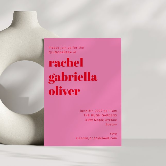 Fet typografi Rosa och röd modern quINCEAÑERA Inbjudningar (Skapare uppladdad)