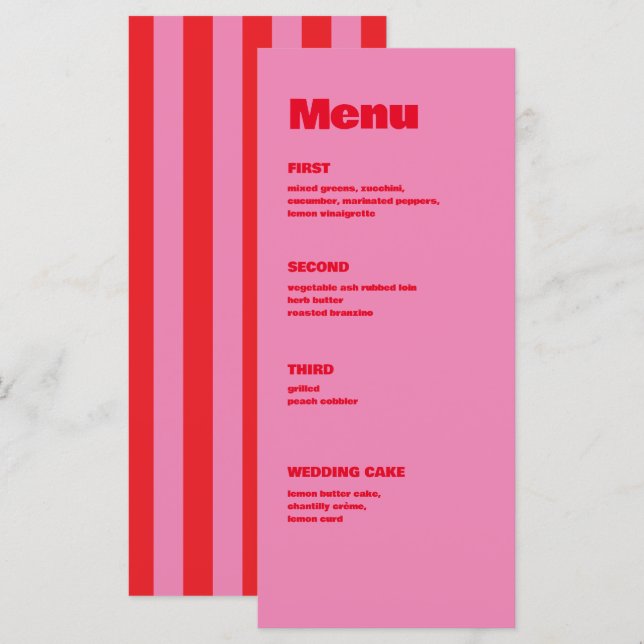 Fet typografi, rosa och rött bröllop meny (Fram/baksida)