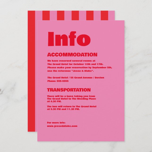 Fet typografi, rosa och rött bröllop tilläggskort (Fram/baksida)