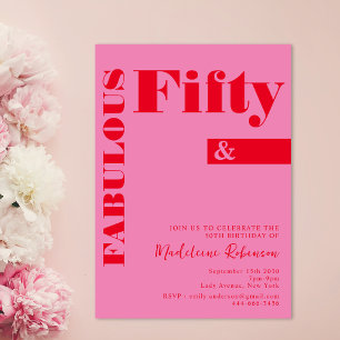 Fet typografi Rosa Red Modern 50:e födelsedagen Inbjudningar