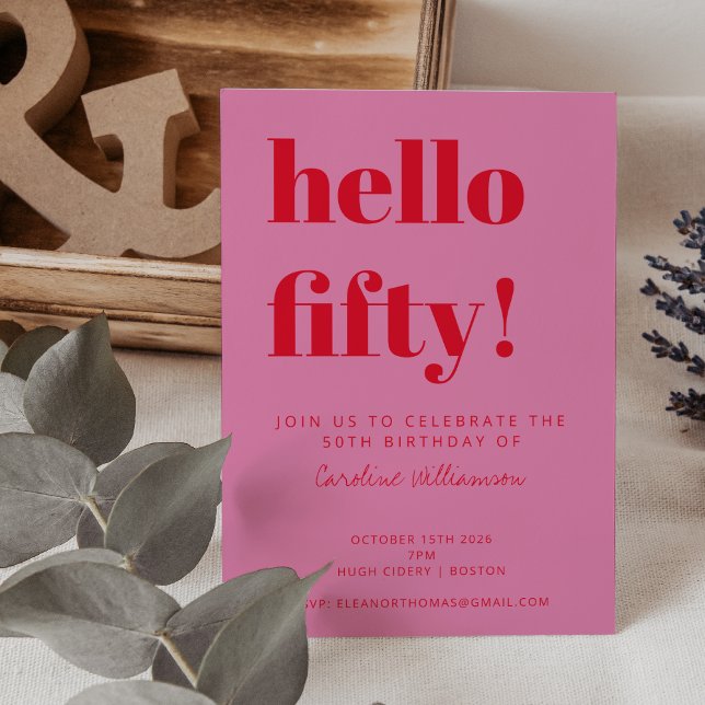 Fet typografi Rosa Röd Modern 50-årsdag Inbjudningar (Skapare uppladdad)
