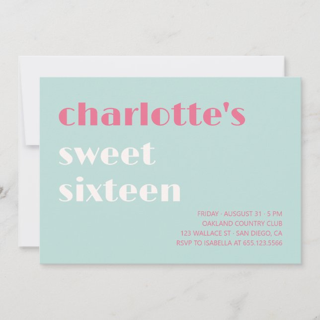 Fet typografisk enkel blå Sweet sixteen för rosa Inbjudningar (Framsida)