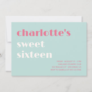 Fet typografisk enkel blå Sweet sixteen för rosa Inbjudningar