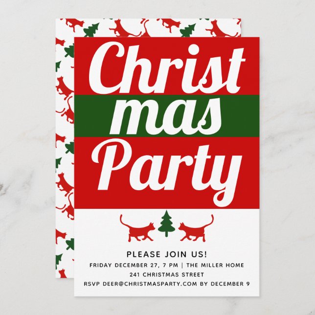 Fet typografkatt, träd-julens julfest inbjudningar (Fram/baksida)