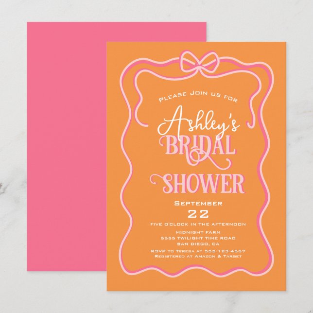 Fet Vågigt Ram Bow Rosa Orange Möhippa Inbjudningar (Fram/baksida)