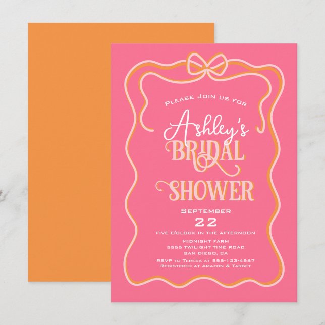 Fet Vågigt Ram Bow Rosa Orange Möhippa Inbjudningar (Fram/baksida)