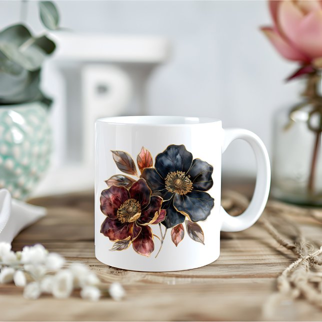Fet vattenfärg guld svart burgundblomma kaffemugg (Skapare uppladdad)
