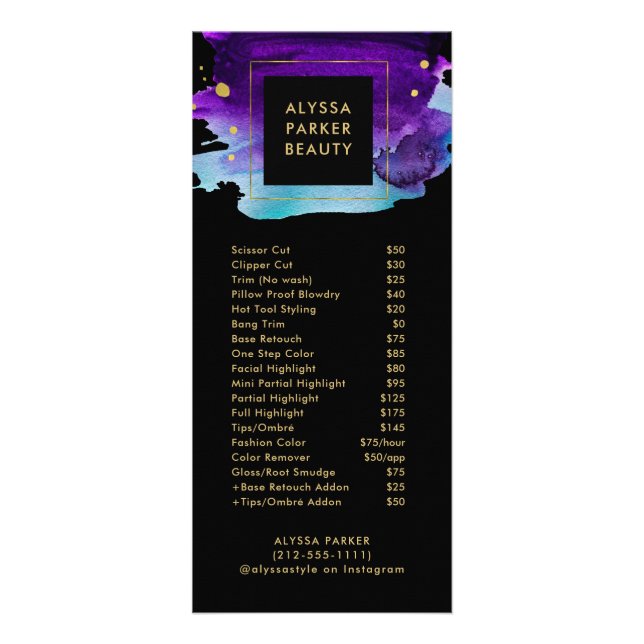 Fet vattenfärg Stänk | Salon Pris List Services Reklamkort (Framsidan)