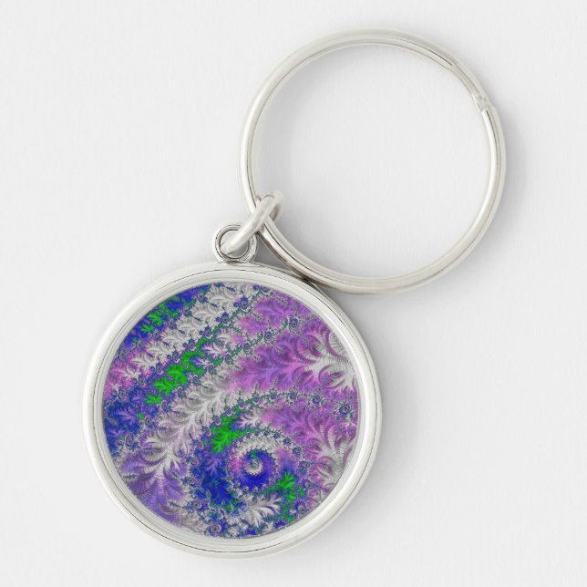 Fet Vibrant färgstark Funky Trippy Fractal Spiral Rund Silverfärgad Nyckelring (Framsidan)