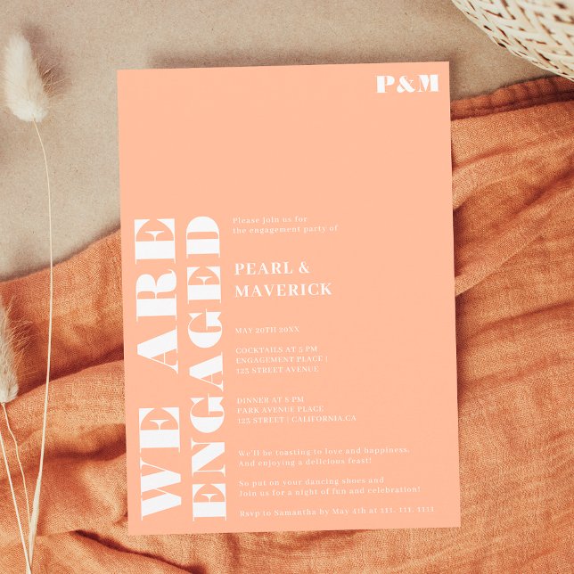 Fet, vit persika bröllop-förlovningsfest inbjudningar (Bold simple white peach wedding engagement party invitation)