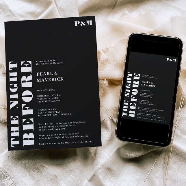 Fet, vit, svart bröllop-repetitionsmiddag inbjudningar (Skapare uppladdad)