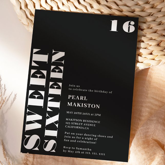 Fet, vit, svart, söt 16 födelsedag inbjudningar (Bold simple white black sweet 16 birthday invitation)