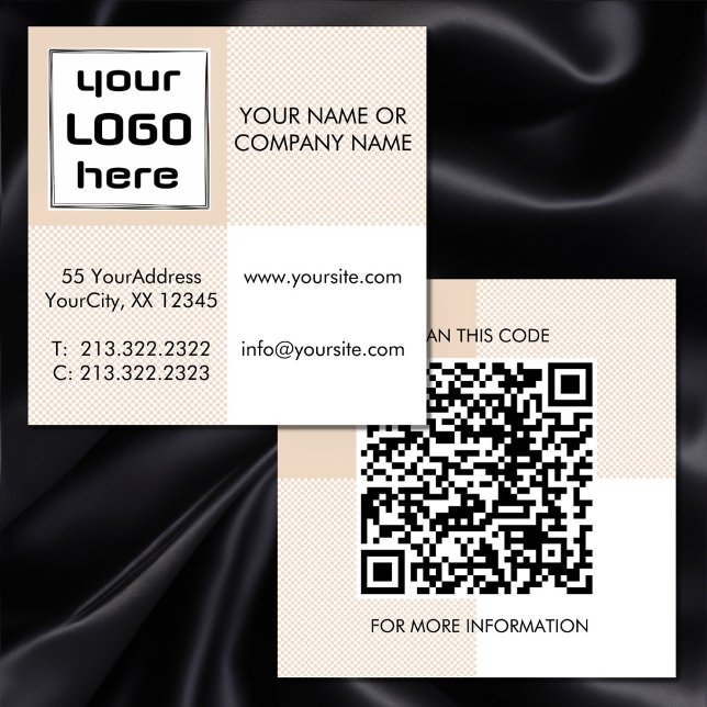 Feta beige ginghamrutor Logotyp QR-kod Fyrkantigt Visitkort (Skapare uppladdad)