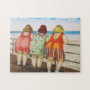 Feta bottnade flickor för vintage på stranden pussel