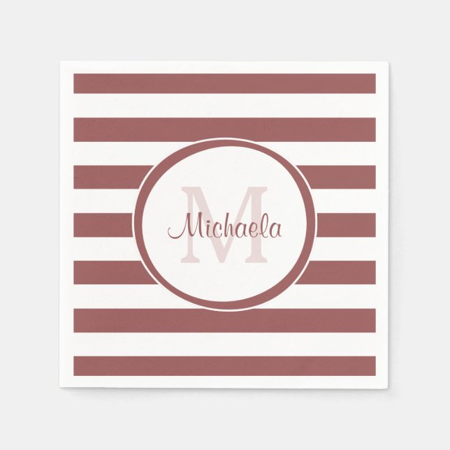 Feta Terrakotta Röda Ränder Namn och Monogram Pappersservett (Framsidan)