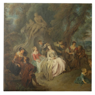 Fête Champêtre, C. 1730 (olja på kanfas) Kakelplatta