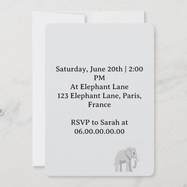 Fête de bienvenue du petit éléphant  inbjudningar (Baksida)
