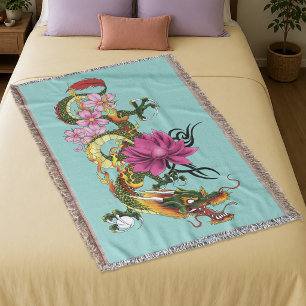 Fetgrön kinesisk drak lotus teal tatuering filt