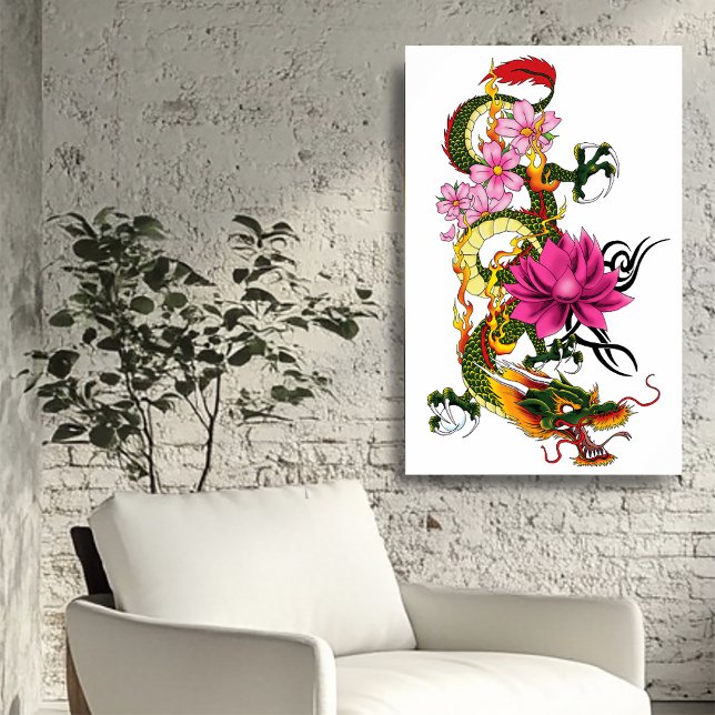 Fetgrön kinesisk drak lotus teal tatuering poster (Skapare uppladdad)
