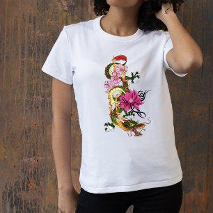 Fetgrön kinesisk drak lotus teal tatuering t shirt