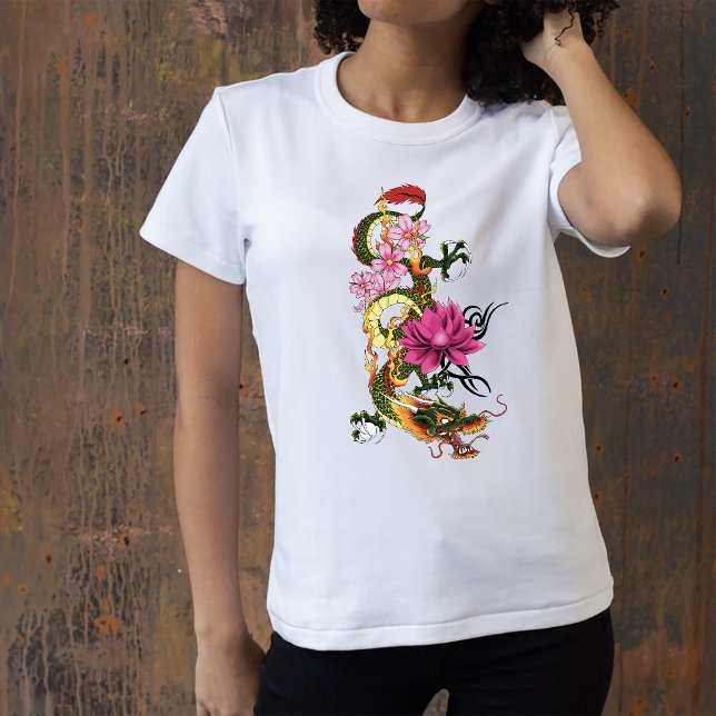 Fetgrön kinesisk drak lotus teal tatuering t shirt (Skapare uppladdad)