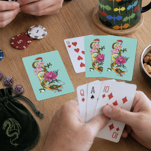 Fetgrön kinesisk drak lotus turkos tatuering casinokort
