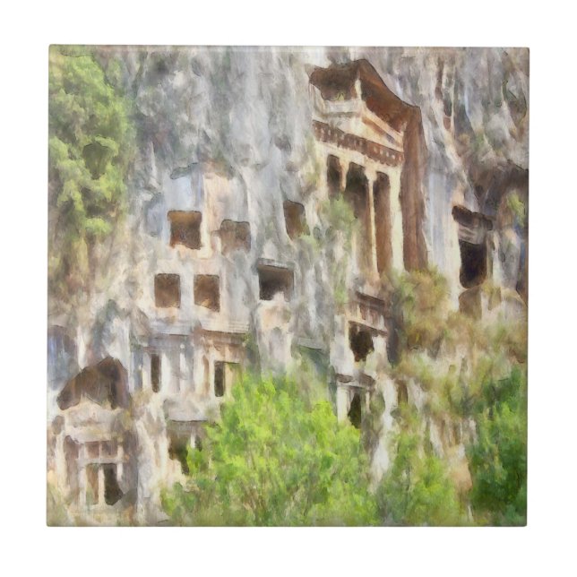 Fethiye Ancient Lycian Grav Watercolor Kakelplatta (Framsidan)