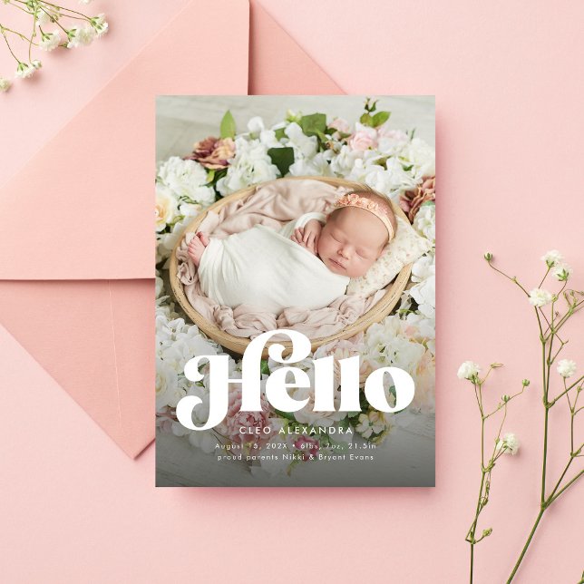 Fetstig återtro hej, söt foto rosa födelse meddelande (Skapare uppladdad)