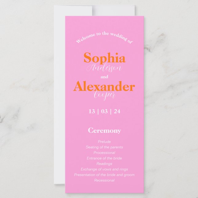 Fetstigt rosa och orange, färgat Bröllopsprogram (Framsida)