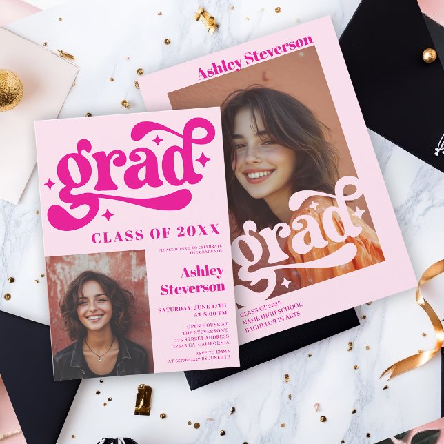 Fetstilt Retro Rosa Groovy 2-foton Studentfest Inbjudningar (Bold Retro Pink Groovy 2 photos Graduation Party Invitation)