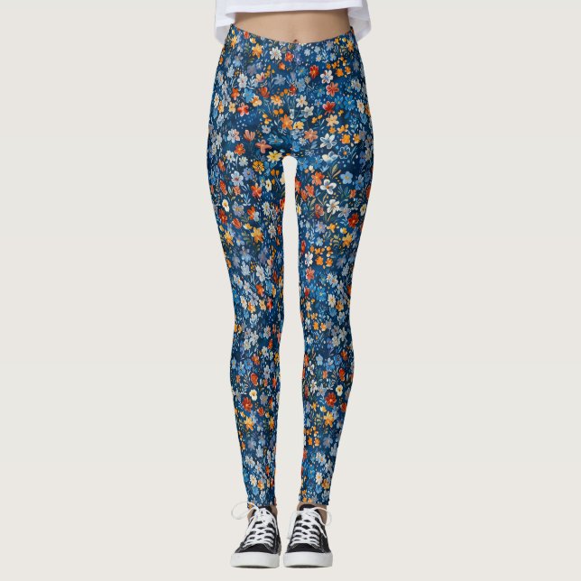 Fetstiskt Blommigt Ditsy Patterned Mörk blått Legg Leggings (Framsida)