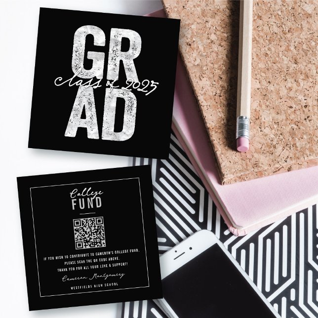 Fetstiskt Silver GRAD Snyggt Studenten College Fun Tilläggskort (Bold Silver GRAD Stylish Graduation College Fund Insert / Enclosure Card @ zazzle.com/color_therapy)